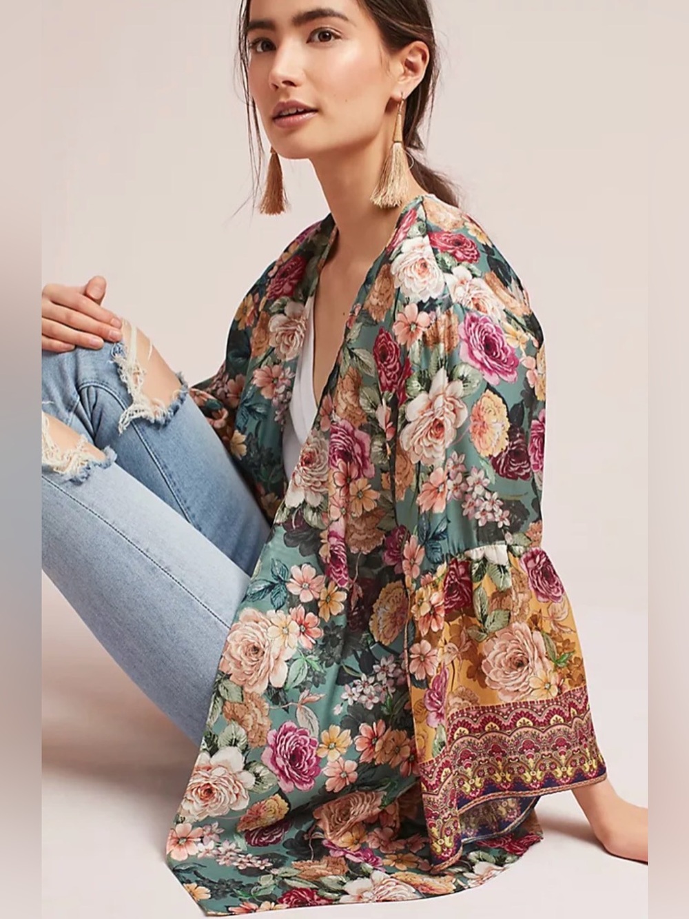 Kachel Anthropologie (OS) Silk Floral Open-Front Kimono Jacket - Teal & Pink